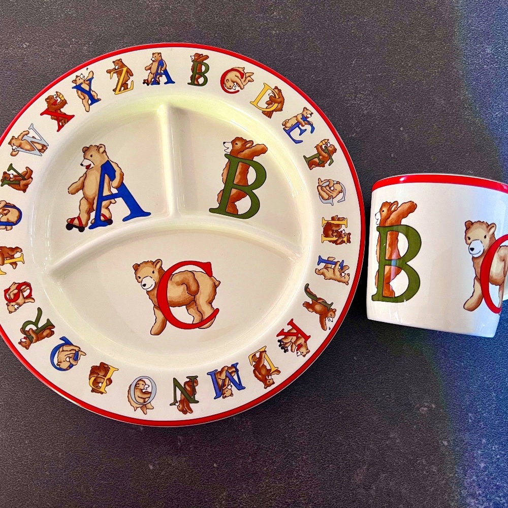 Tiffany Alphabet Bears Child's plate and cup set - perfect condition, never used